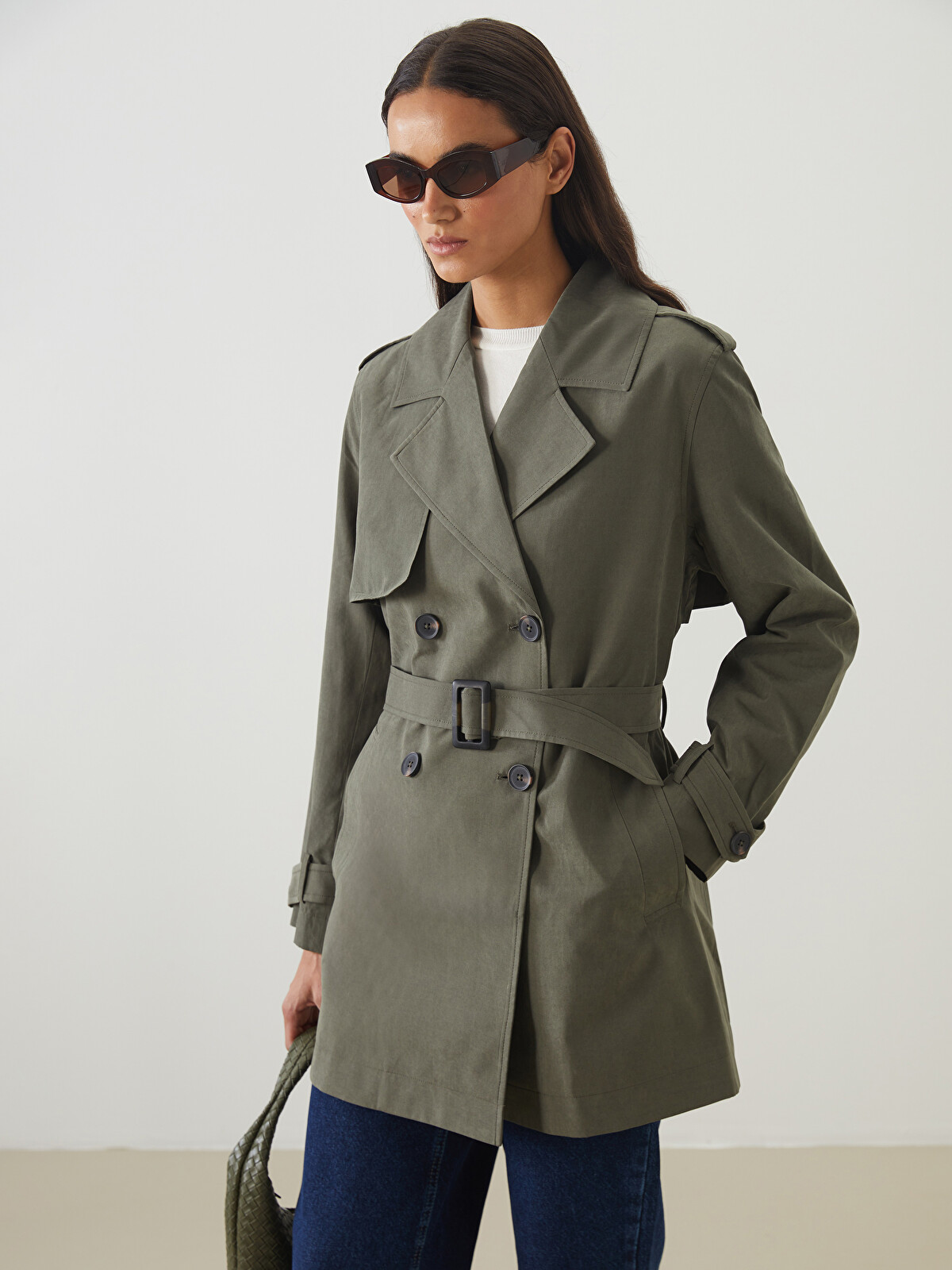 LCW Modest Haki Kruvaze Yaka Kadın Trençkot - W51533Z8-ASD | LCW