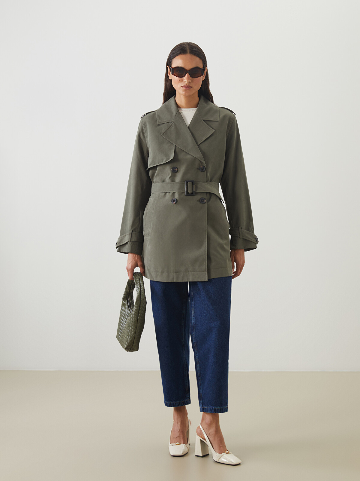 LCW Modest Haki Kruvaze Yaka Kadın Trençkot - W51533Z8-ASD | LCW