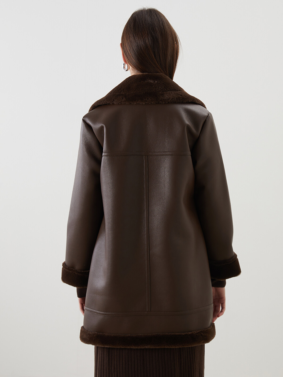 LCW Modest Fur Collar Women's Faux Leather Coat - W51605Z8-L0C