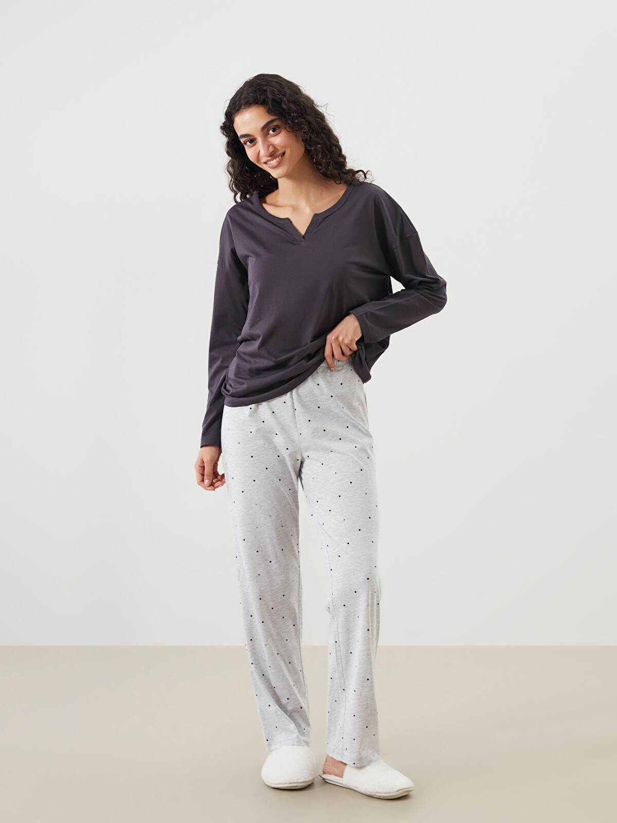 LCW DREAM Gri Büyük Beden Beli Lastikli Puantiyeli Kadın Pijama
