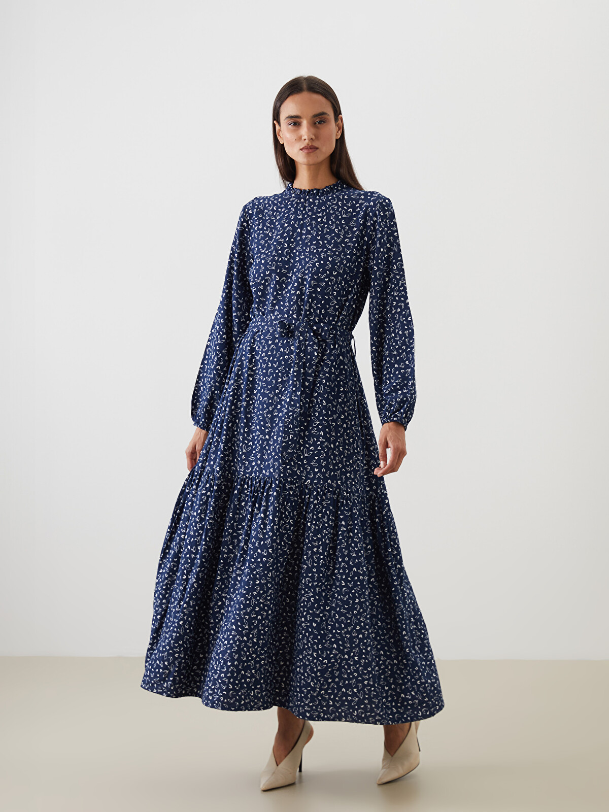 LCW Modest Frilled Funnel Neck Patterned Dress - W51790Z8-LSJ | LC