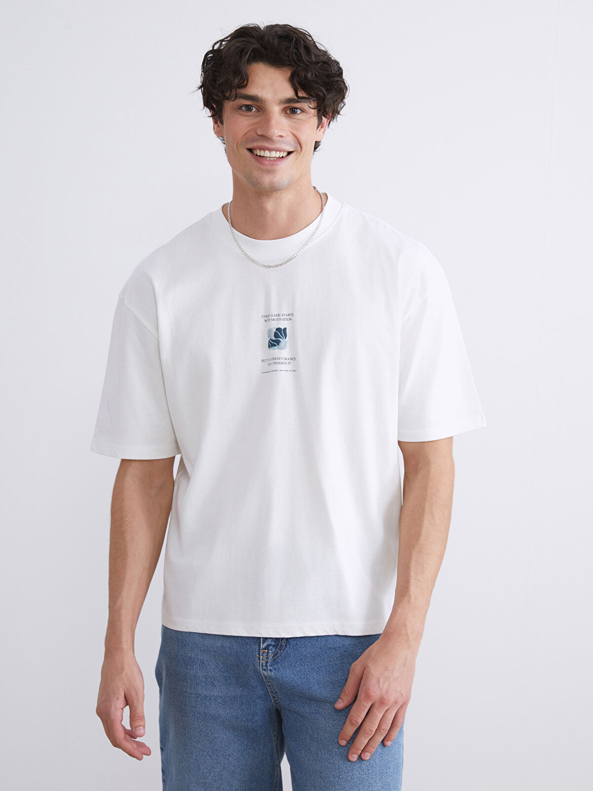 XSIDE Ekru Bisiklet Yaka Baskılı Penye Erkek Tişört - W52542Z8-R9J