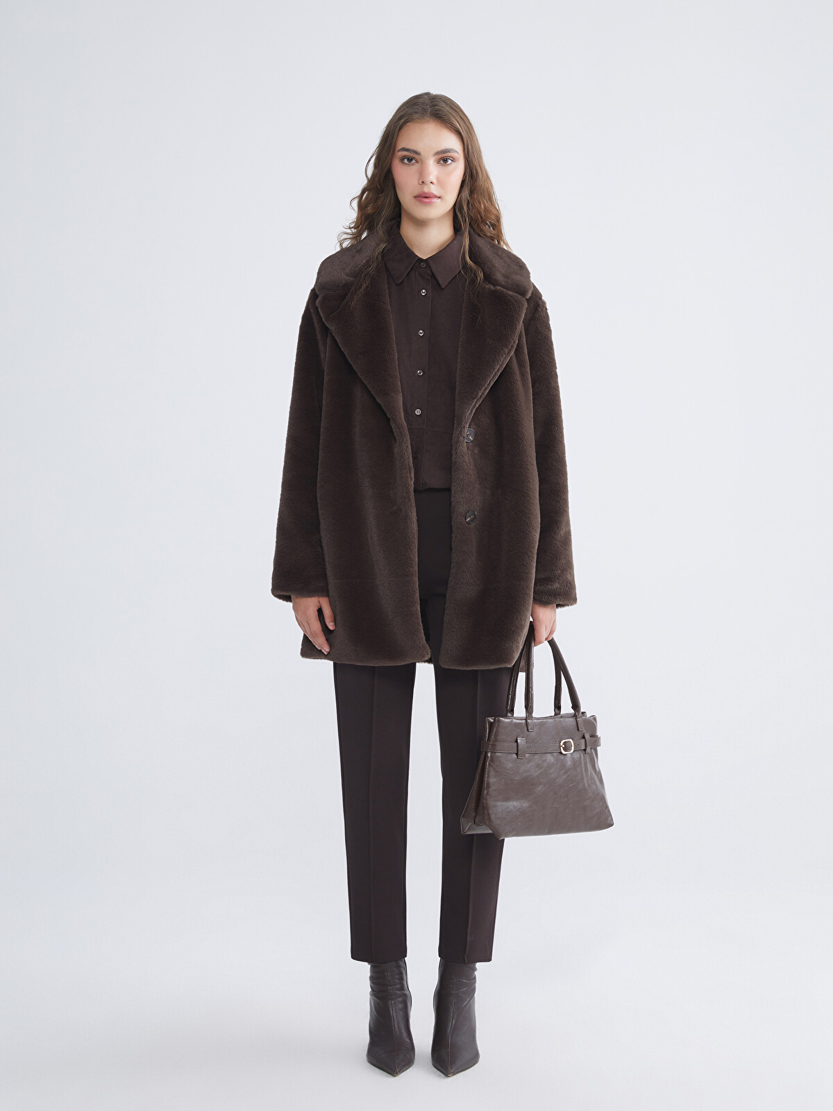 カカ LCW Modest Kahverengi Ceket Yaka Kadın Kürk Kaban - W52579Z8-ZCX | LCW