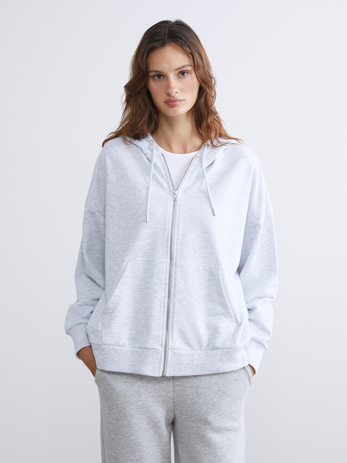 ゆめり Boxed Oversize Fit Beyaz Renkli Erkek Fermuarlı Sweatshirt - ZIP