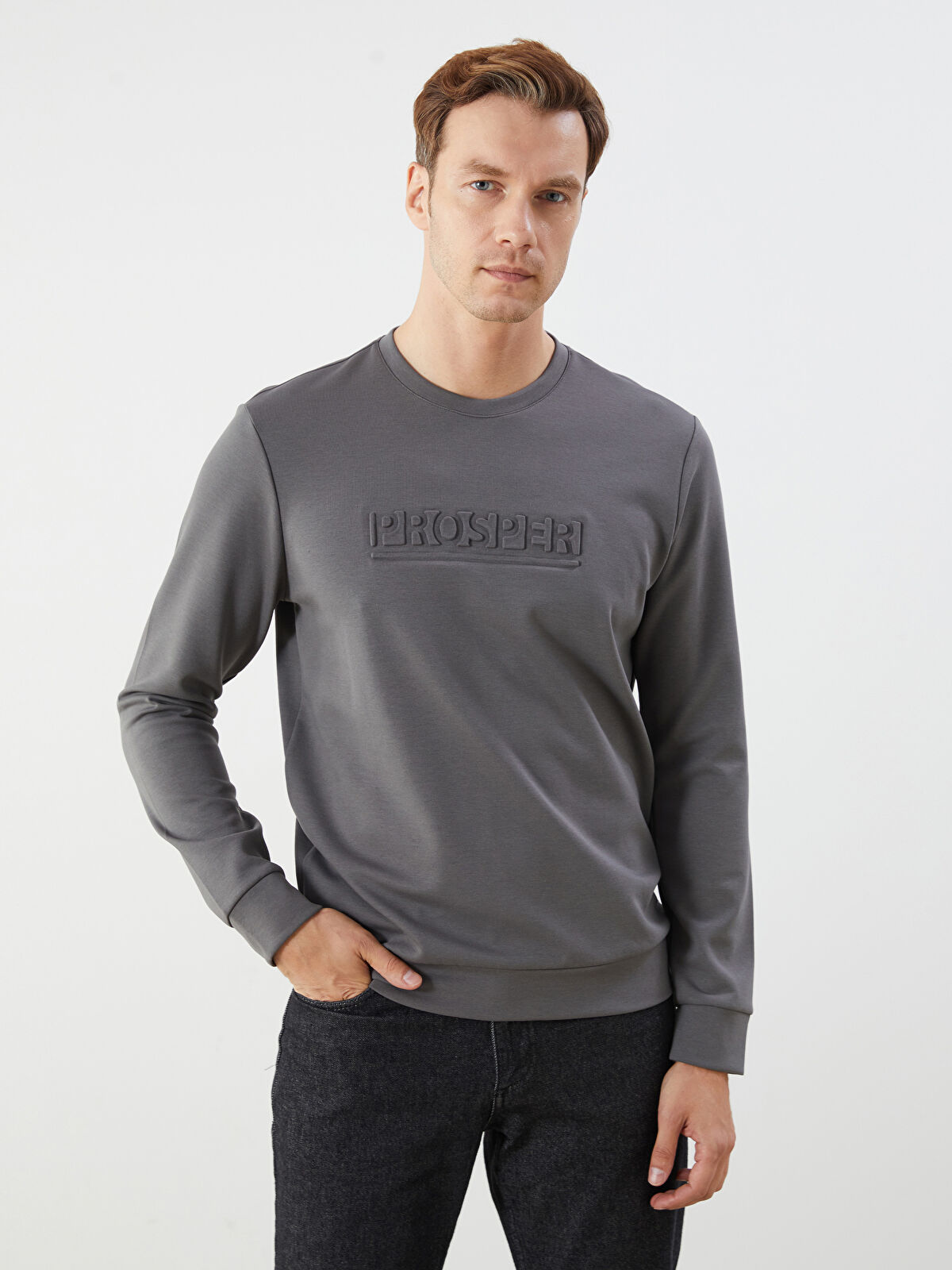 LCWAIKIKI Classic Gri Bisiklet Yaka Baskılı Erkek Sweatshirt