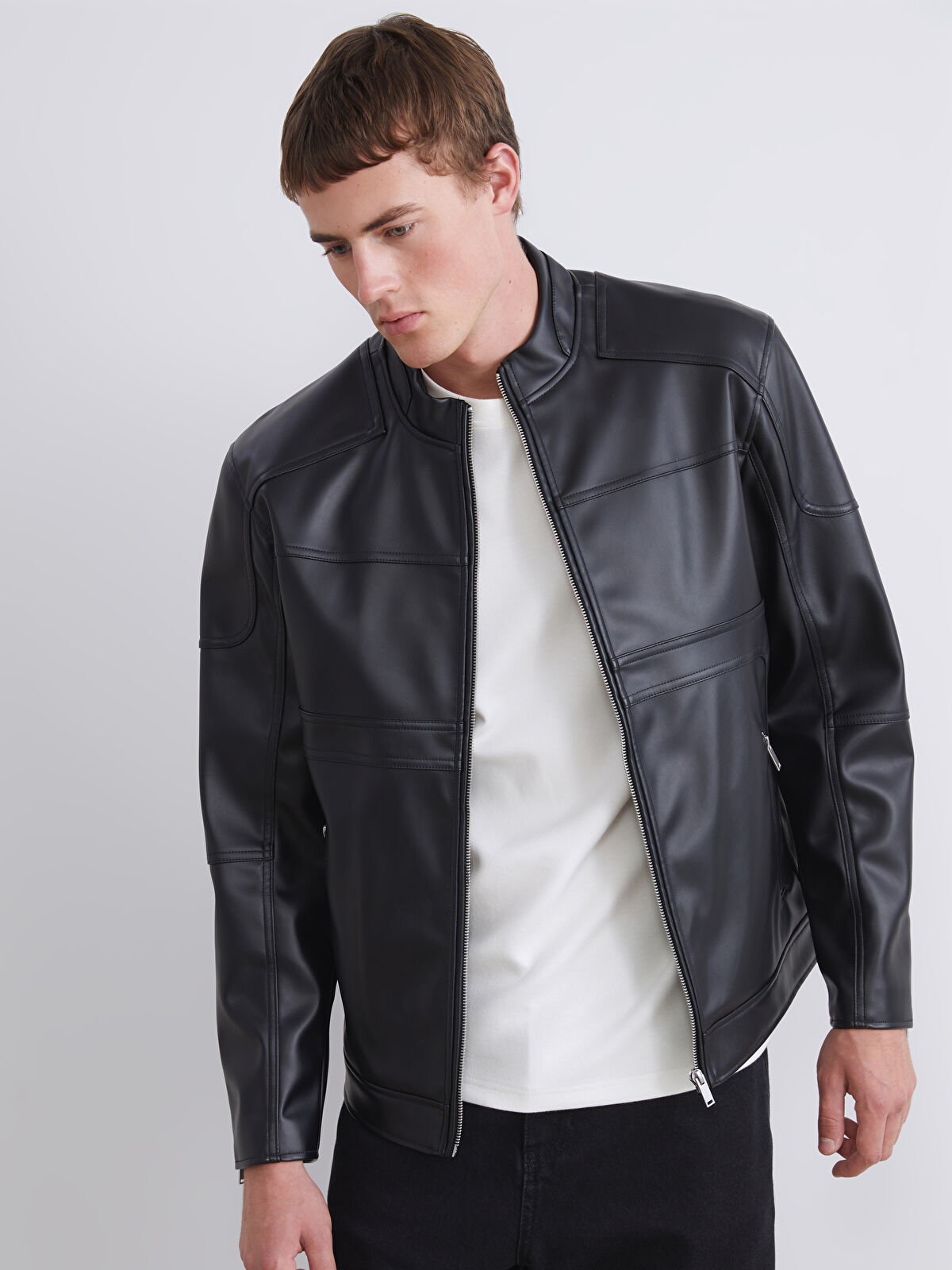 XSIDE Siyah Standart Kalıp Dik Yaka Erkek Deri Görünümlü Ceket