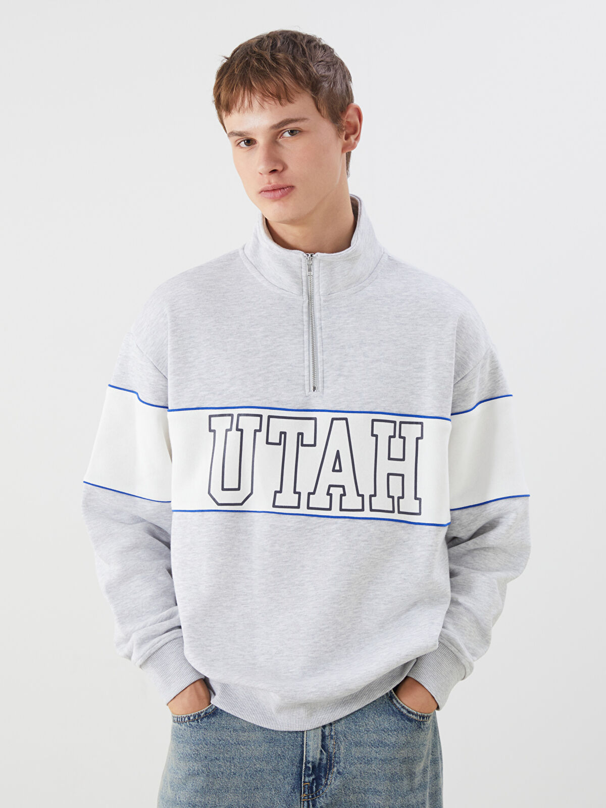 XSIDE Beyaz Dik Yaka Renk Bloklu Erkek Sweatshirt - W53744Z8-847 | LCW