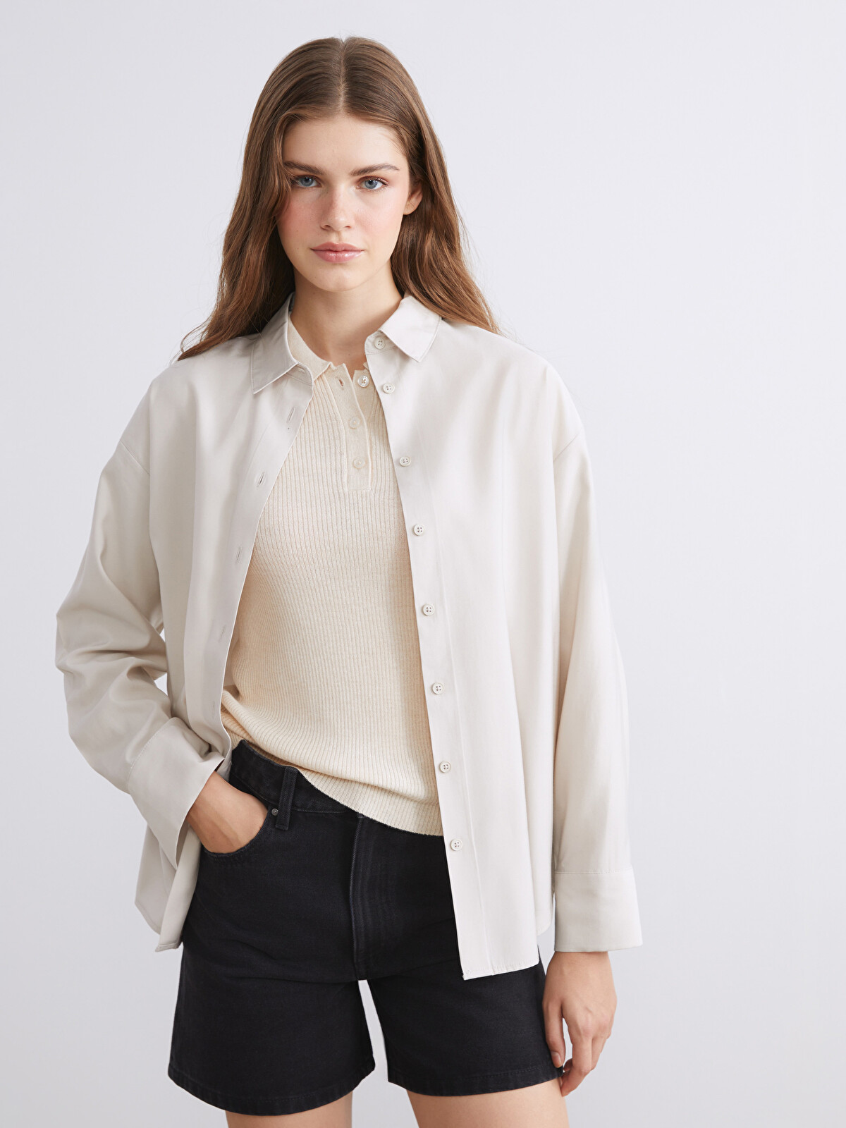XSIDE Modal Blend Oversize Women's Shirt - W54672Z8-CR8 - LC Waikiki