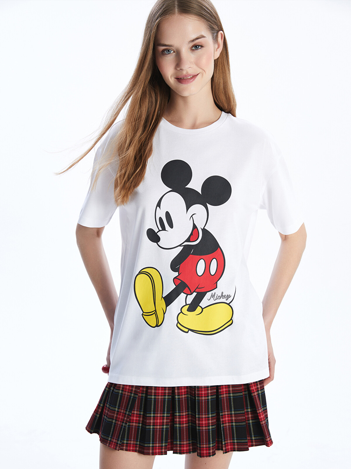 XSIDE Bisiklet Yaka Mickey Mouse Baskılı Kadın Tişört - W54739Z8