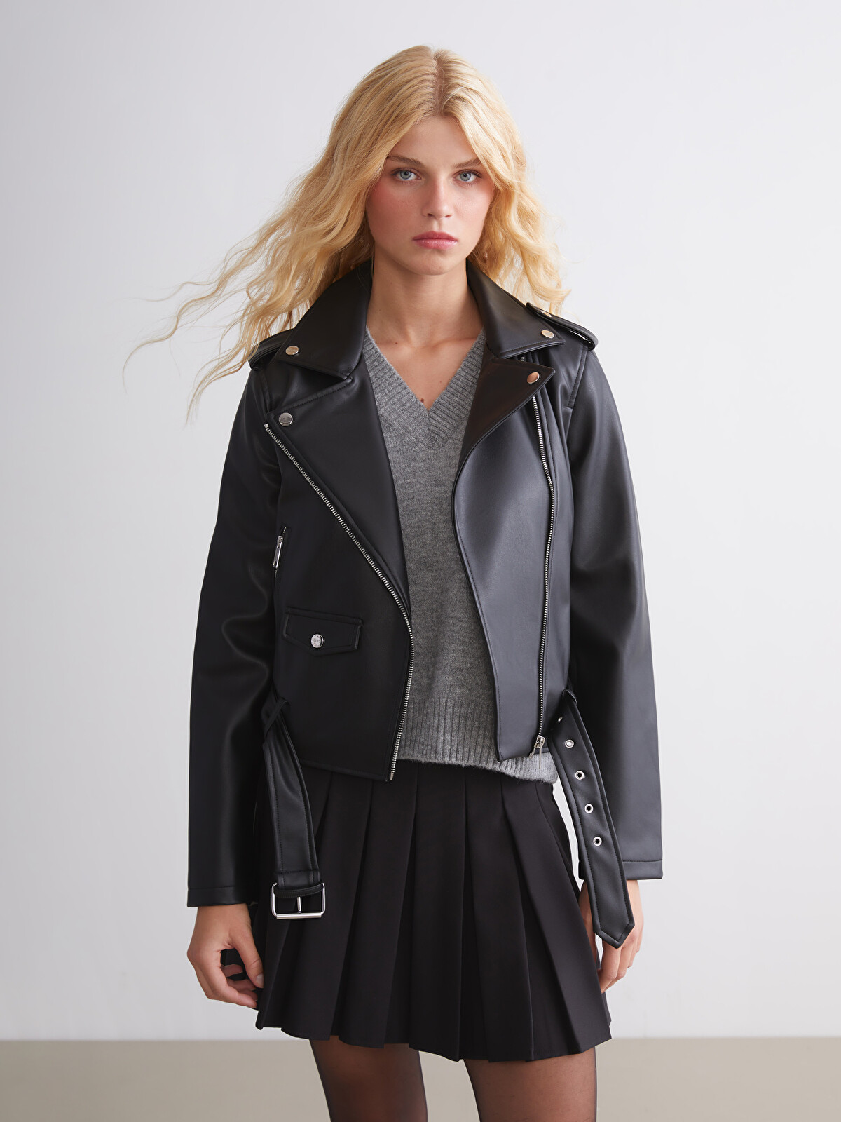 XSIDE Biker Neck Women's Faux Leather Jacket - W54829Z8-CVL - LC