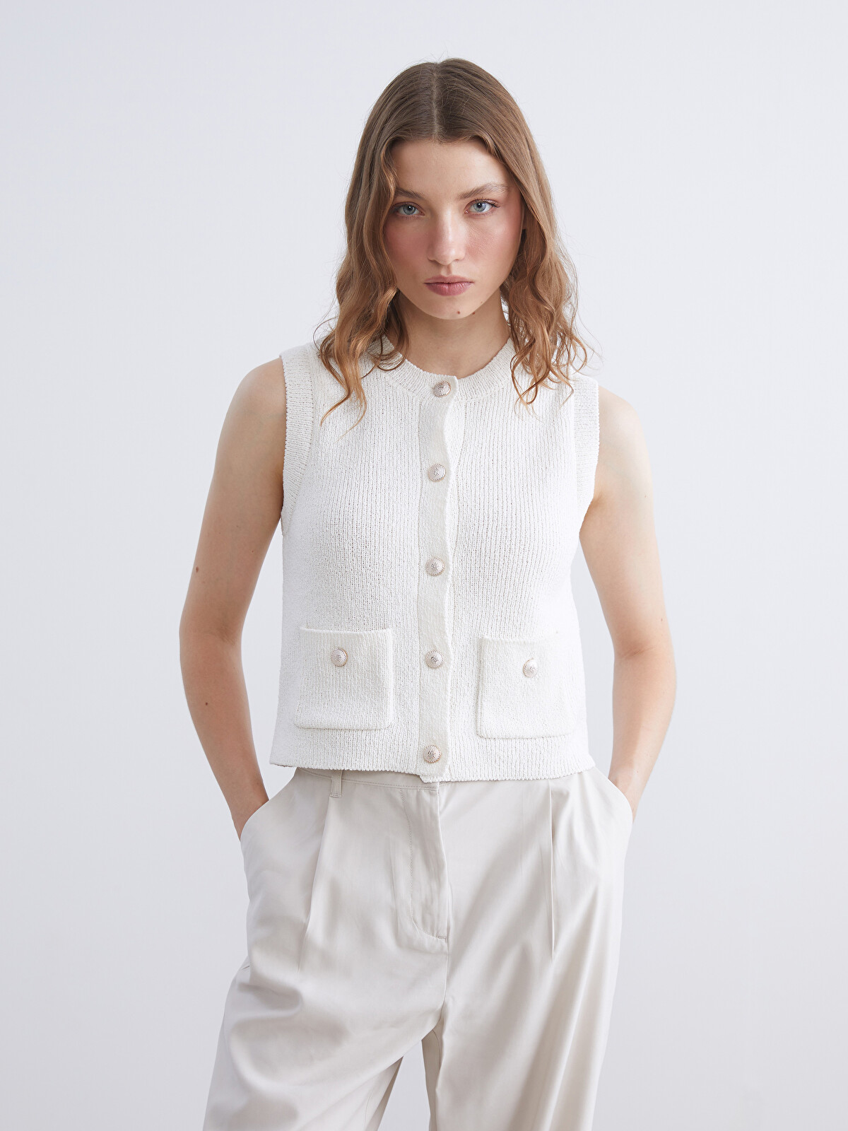 XSIDE Crew Neck Women's Knitwear Waistcoat - W55174Z8-R9J | LC Waikiki