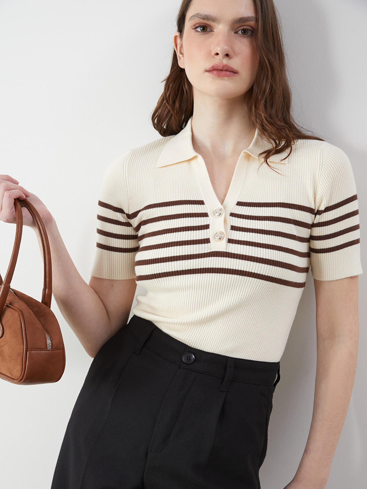 LCW Vision Polo Yaka Çizgili Kadın Triko Kazak - W56057Z8-LKM | LC