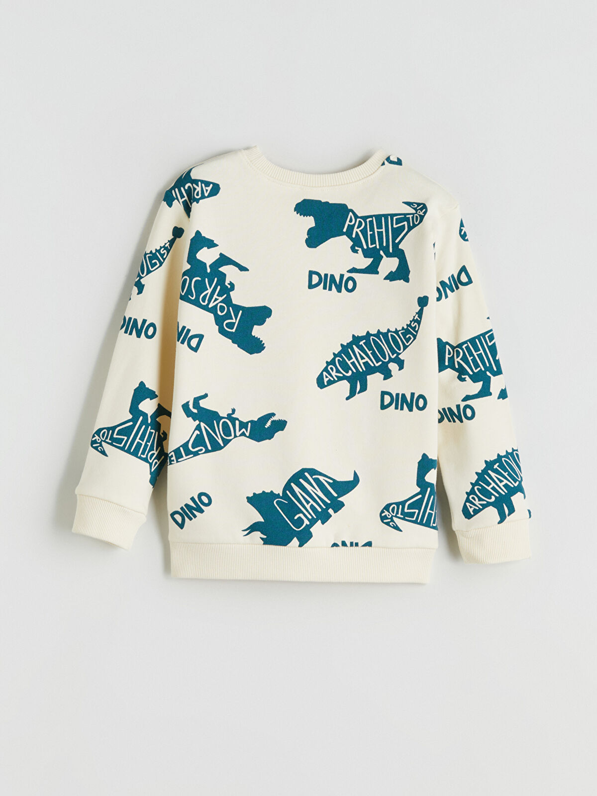 LCW Kids Bej Bisiklet Yaka Dinozor Baskılı Erkek Çocuk Sweatshirt