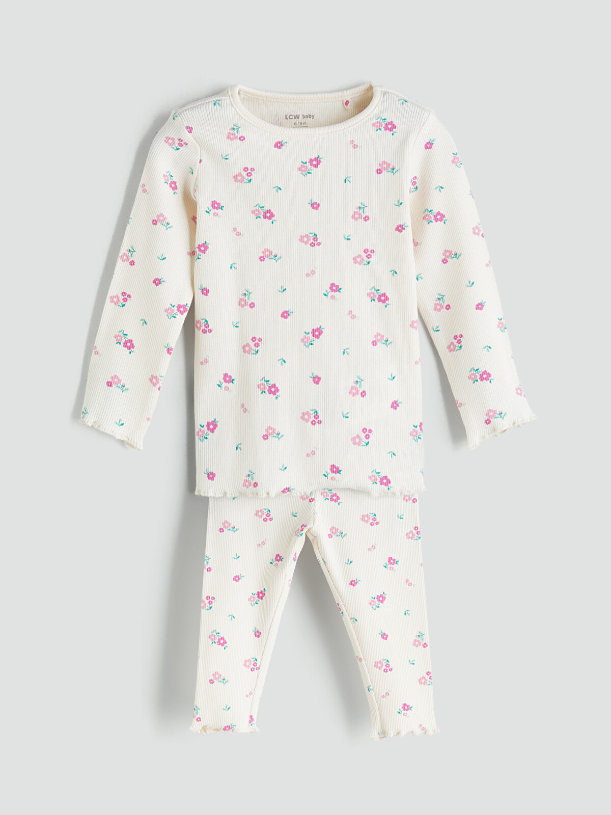 LCW baby Ekru Bisiklet Yaka Çiçekli Kız Bebek Pijama Takımı