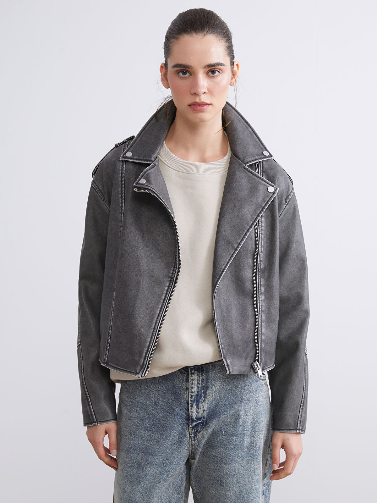 LCW Vision Biker Neck Women's Faux Leather Jacket -W56990Z8