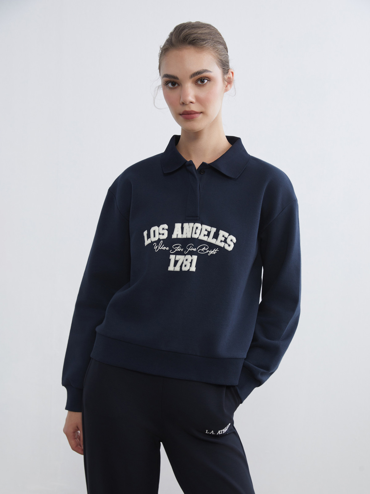 LCW Modest Lacivert Los Angeles Baskılı Kadın Kalın Sweatshirt