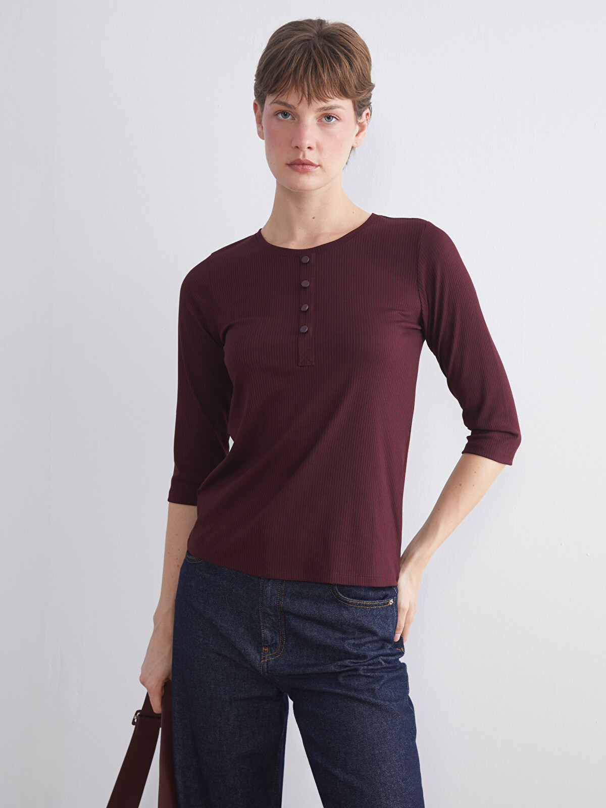 LCW EVERYDAY Mürdüm Bisiklet Yaka Kadın Tişört - W57951Z8-HQT | LCW