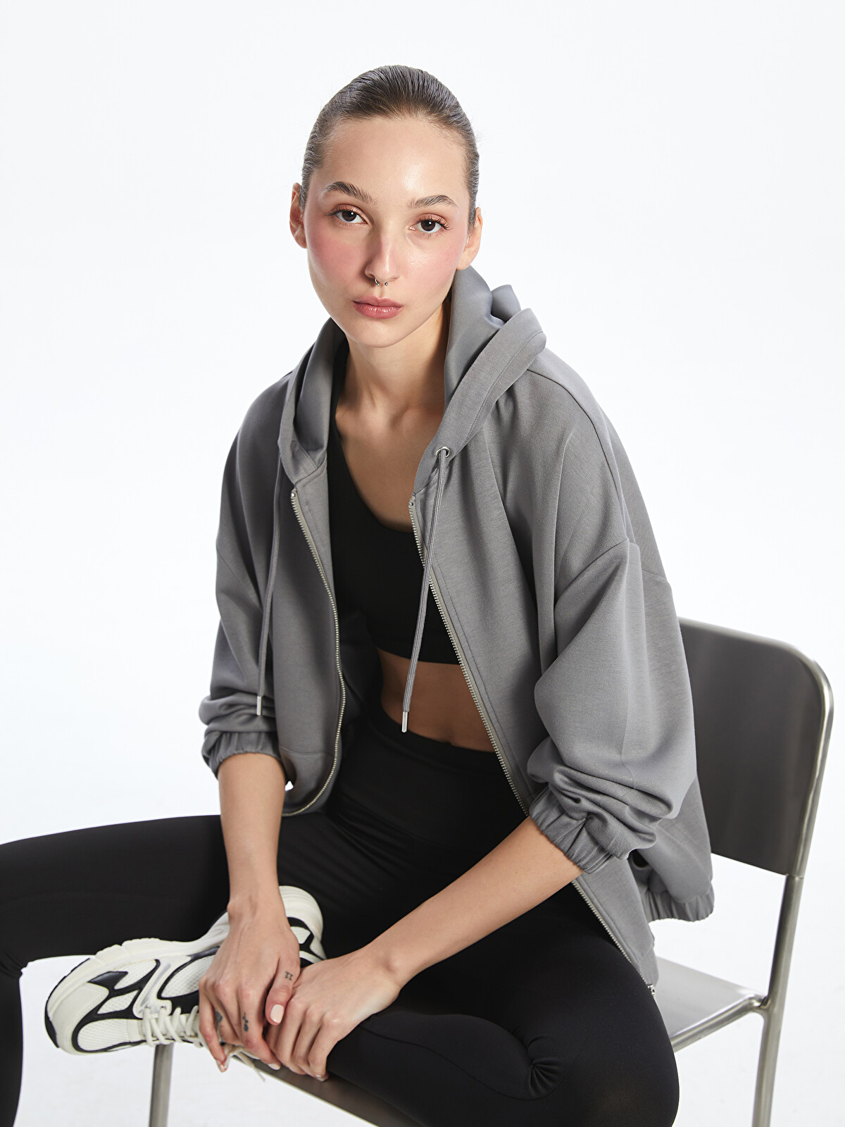 KOOR SPORT Kapüşonlu Oversize Kadın Fermuarlı Sweatshirt