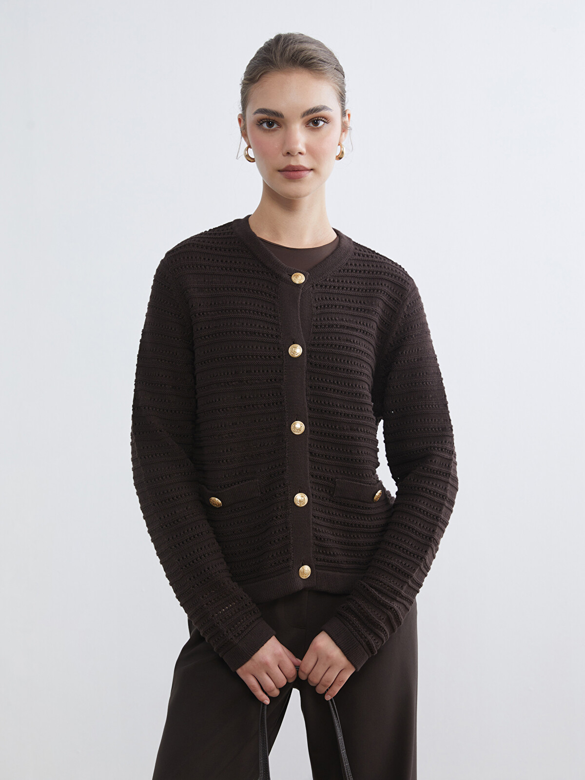 LCW Modest Crew Neck Hole-Knitted Women's Knitwear Cardigan