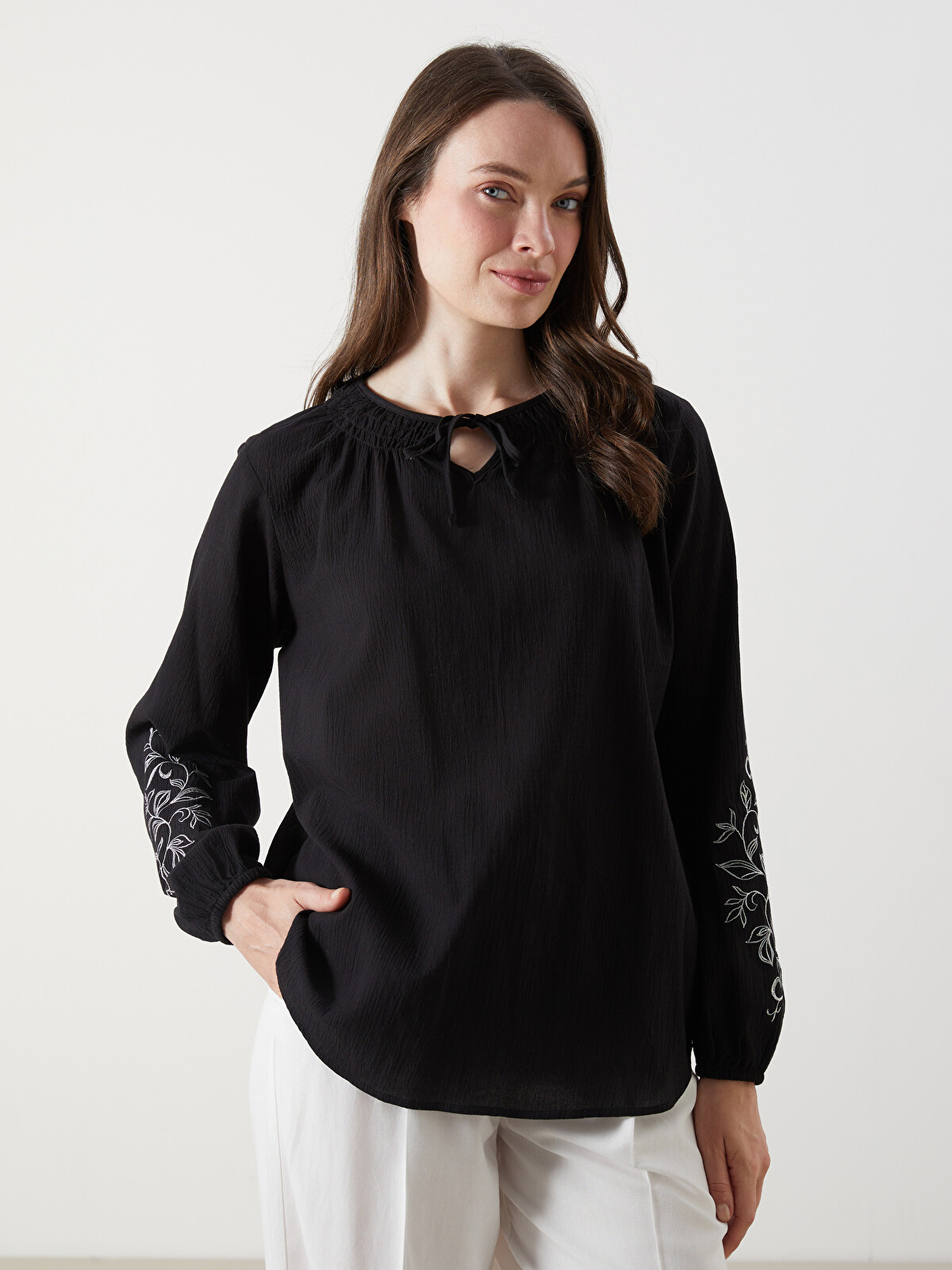 LCW Grace Tie Neck Embroidered Blouse - W58269Z8-CVL - LC Waikiki