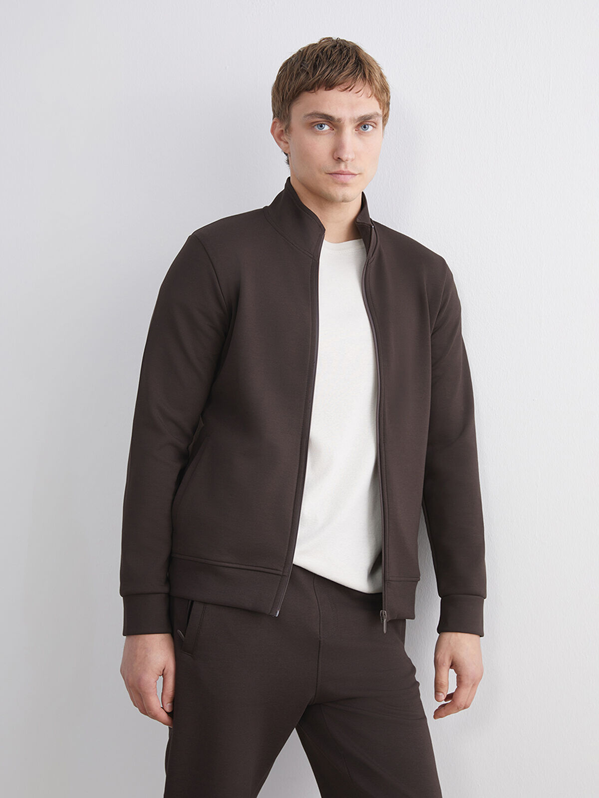 SOUTHBLUE Kahverengi Dik Yaka Erkek Fermuarlı Sweatshirt