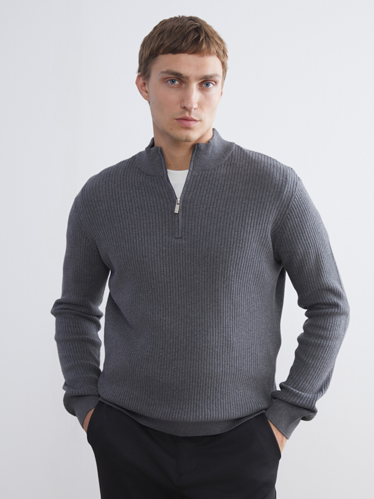 wakky LCW Vision Zippered Funnel Neck Men's Knit Sweater - W58493Z8-L8N