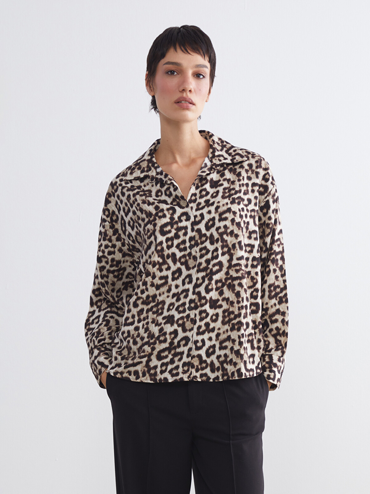 LCW Vision Leopard Print Oversize Satin Women's Shirt - W59138Z8