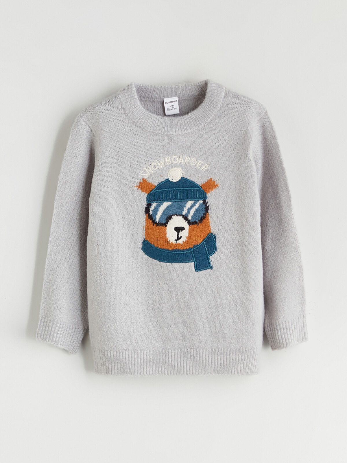 LCW Kids Gri Bisiklet Yaka Baskılı Uzun Kollu Erkek Çocuk Triko