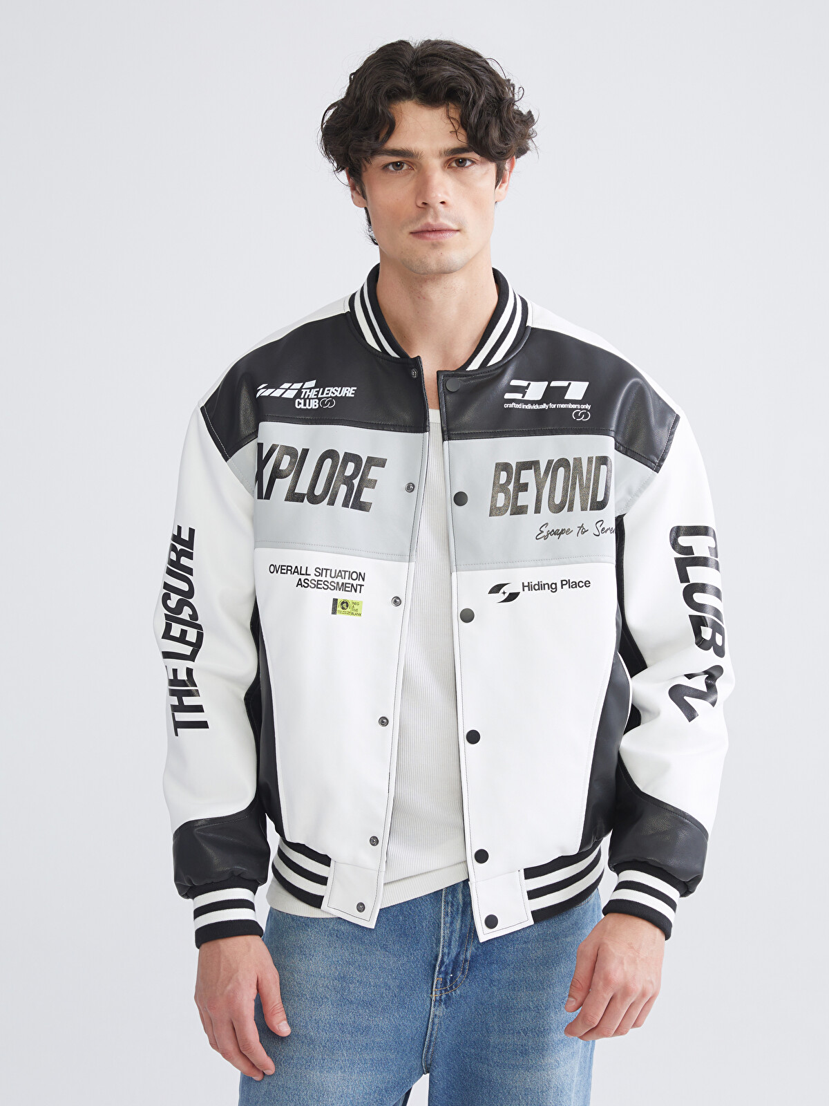 XSIDE Loose Fit Baseball Collar Logo Men's Faux Leather Jacket