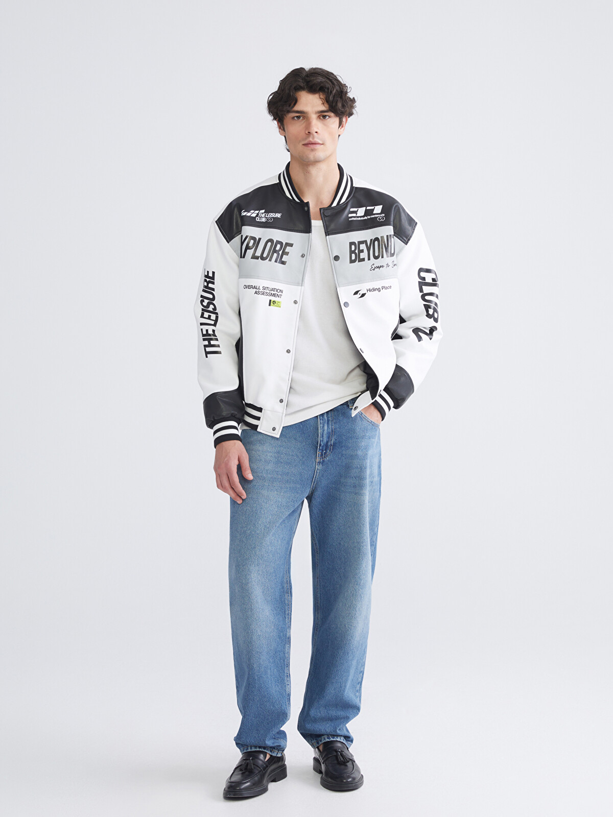 XSIDE Loose Fit Baseball Collar Logo Men's Faux Leather Jacket