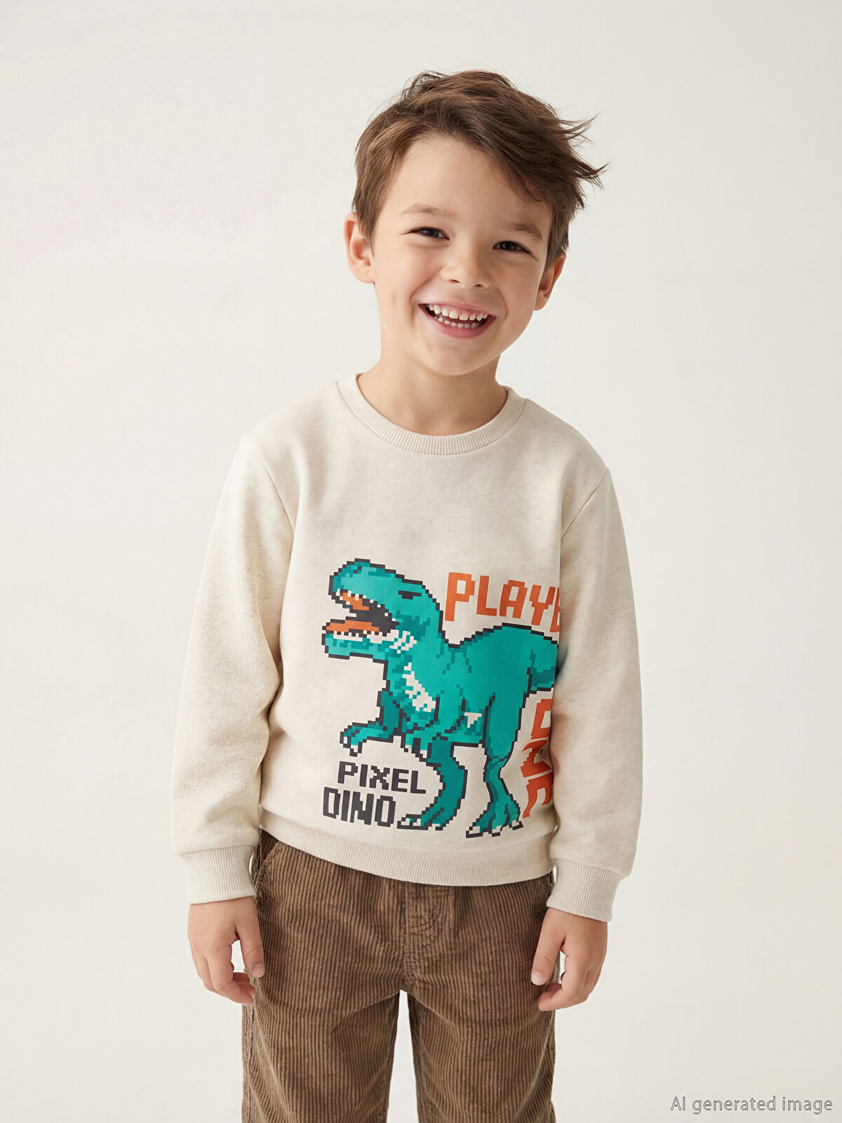 LCW Kids Beyaz Dinozor Baskılı Erkek Çocuk Sweatshirt - W5AB47Z1