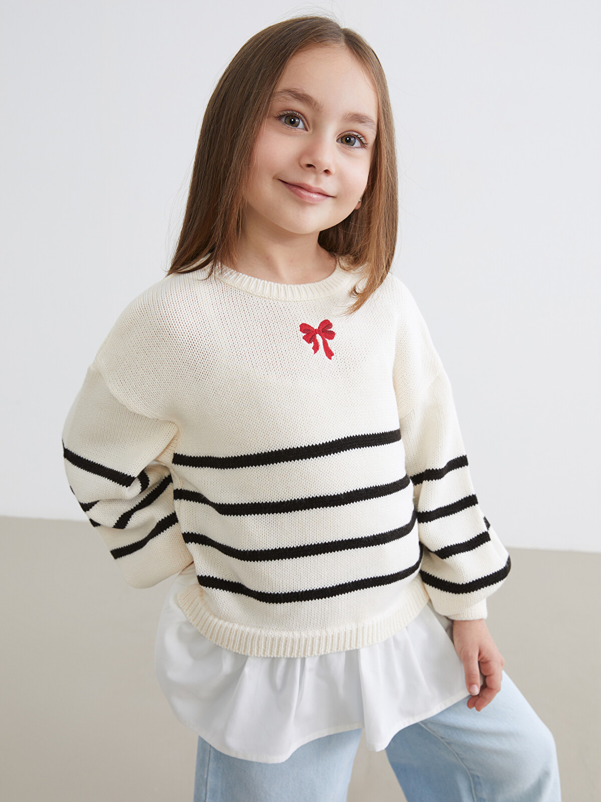 LCW Kids Ekru Bisiklet Yaka Çizgili Kız Çocuk Triko Kazak