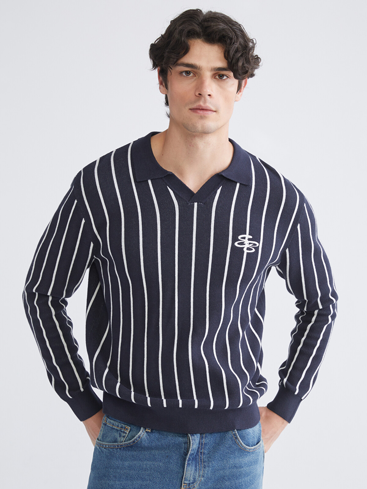 XSIDE Polo Yaka Uzun Kollu Çizgili Erkek Triko Kazak - W5AC26Z8