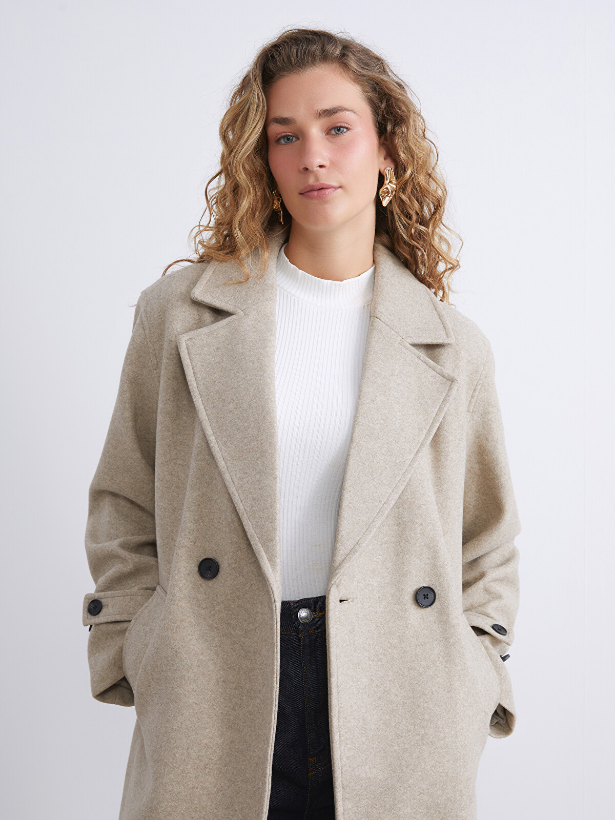LCW Modest Kruvaze Yaka Kadın Kaşe Kaban - W5AP55Z8-CWP | LC Waikiki