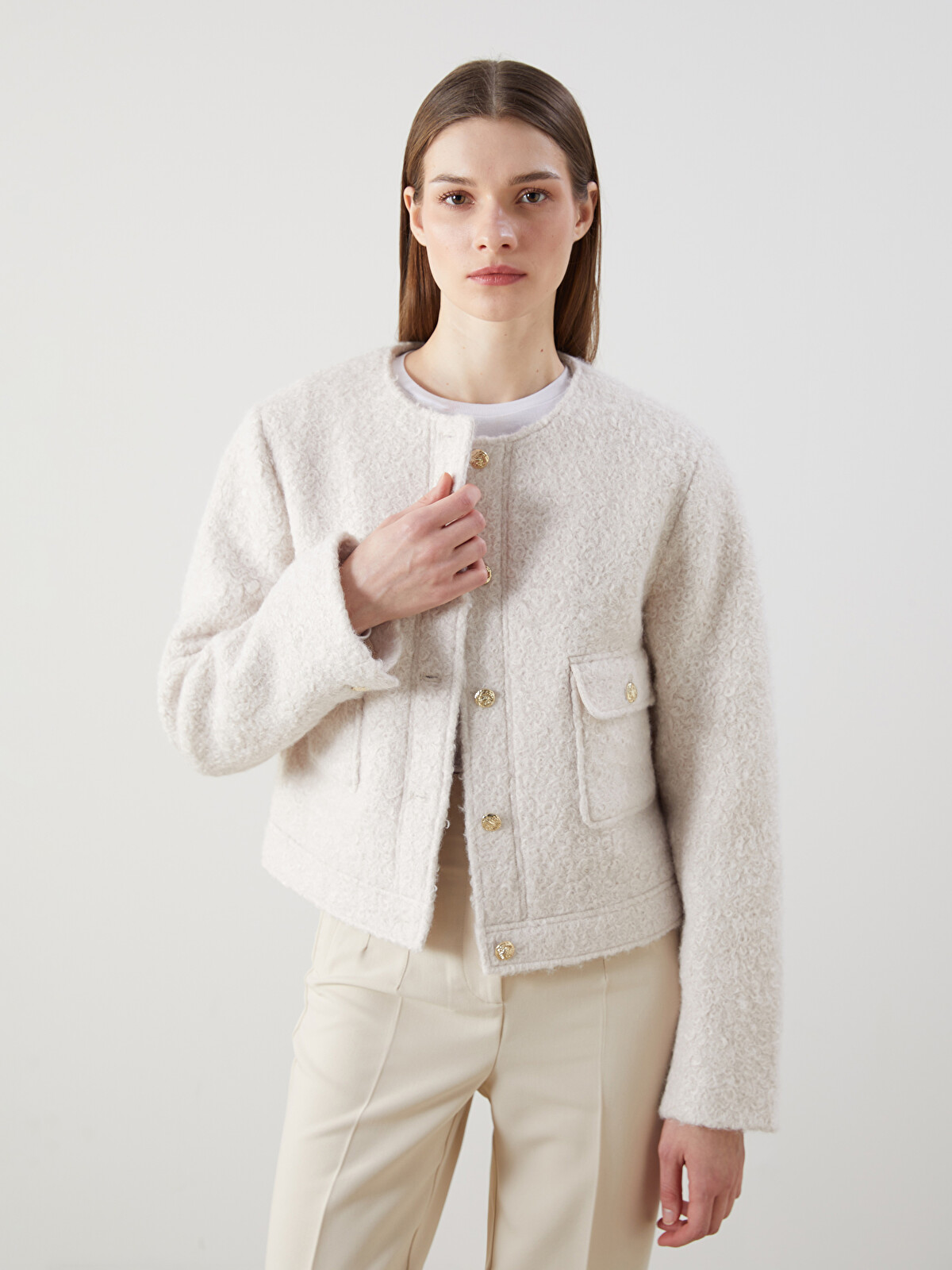 LCW Modest Crew Neck Women's Plush Coat - W5AP76Z8-DEE | LC Waikiki