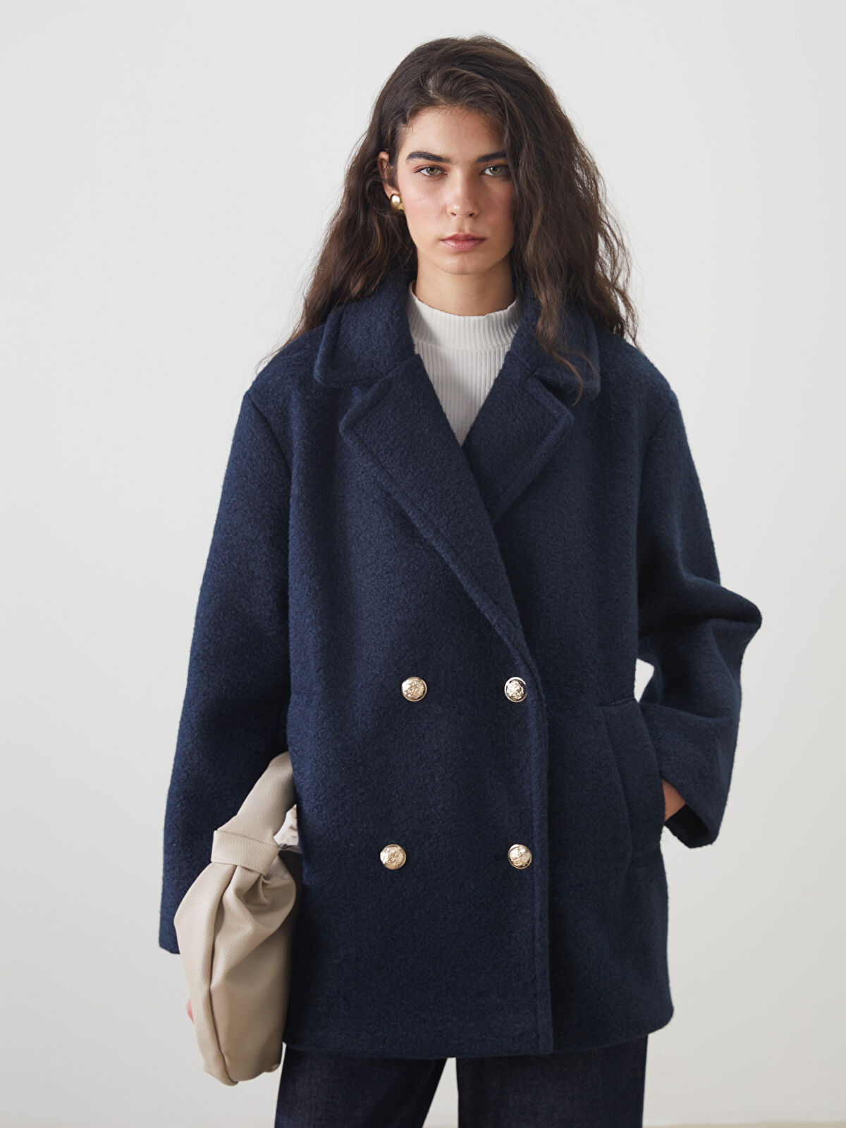 LCW Modest Lacivert Kruvaze Yaka Oversize Kadın Kaşe Kaban