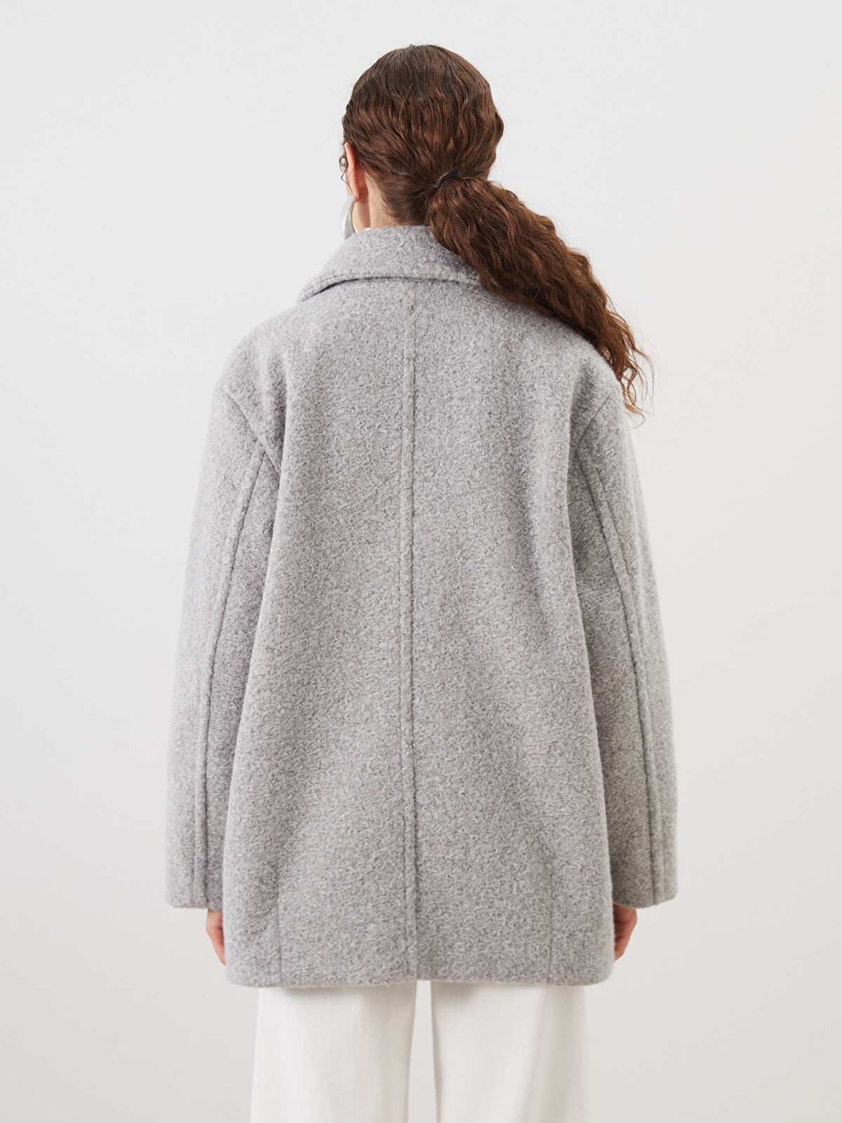 LCW Modest Gri Kruvaze Yaka Oversize Kadın Kaşe Kaban - W5AP79Z8
