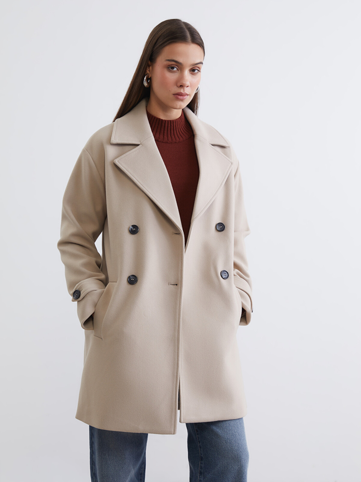 LCW Modest Bej Ceket Yaka Kadın Kaşe Kaban - W5AP88Z8-YGD | LCW