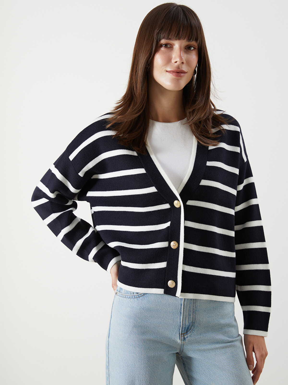 LCW Comfort Lacivert V Yaka Çizgili Oversize Kadın Triko Hırka