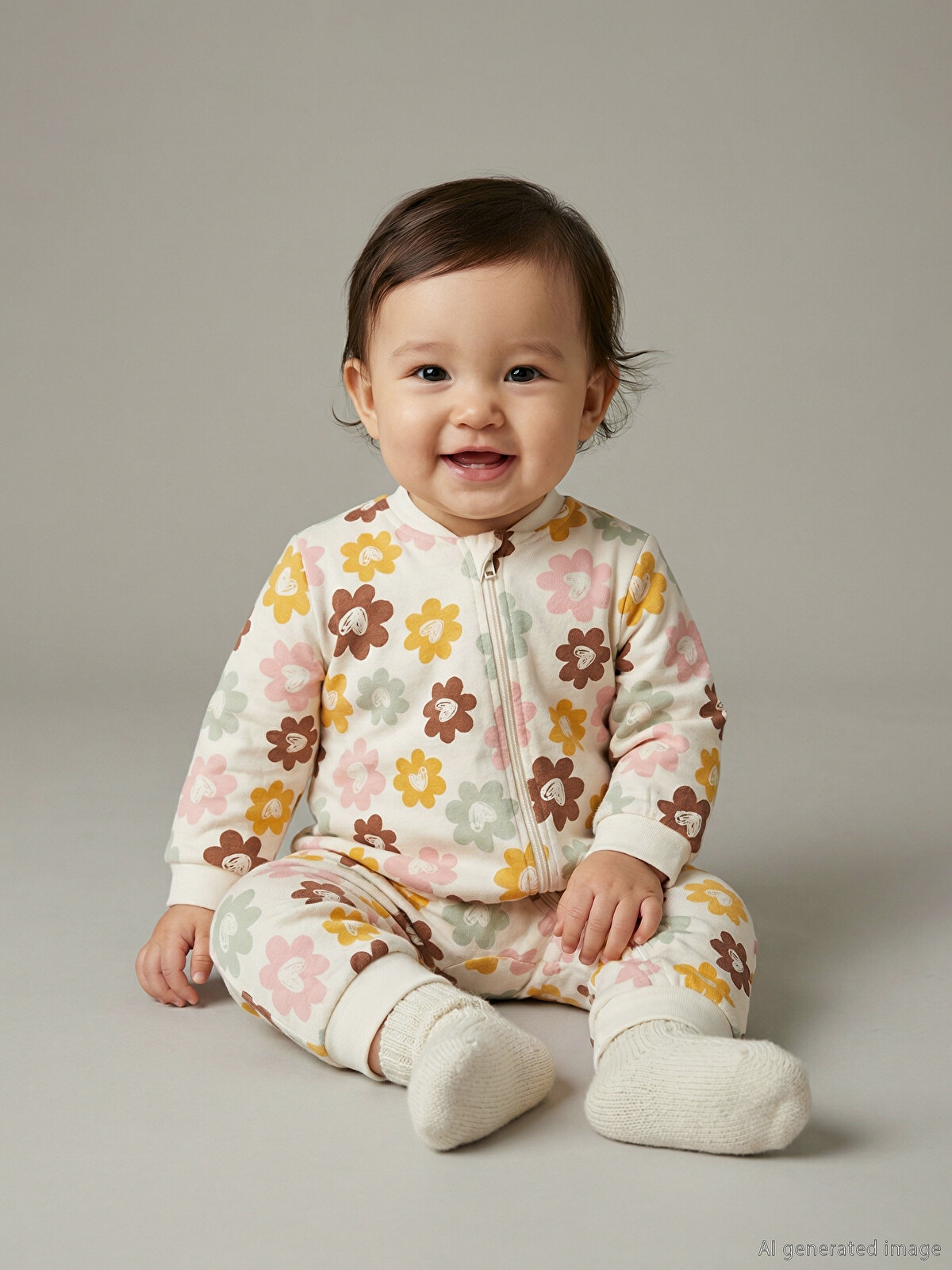 LCW baby Bej 1.6 Tog Bisiklet Yaka Uzun Kollu Çiçek Desenli Kız
