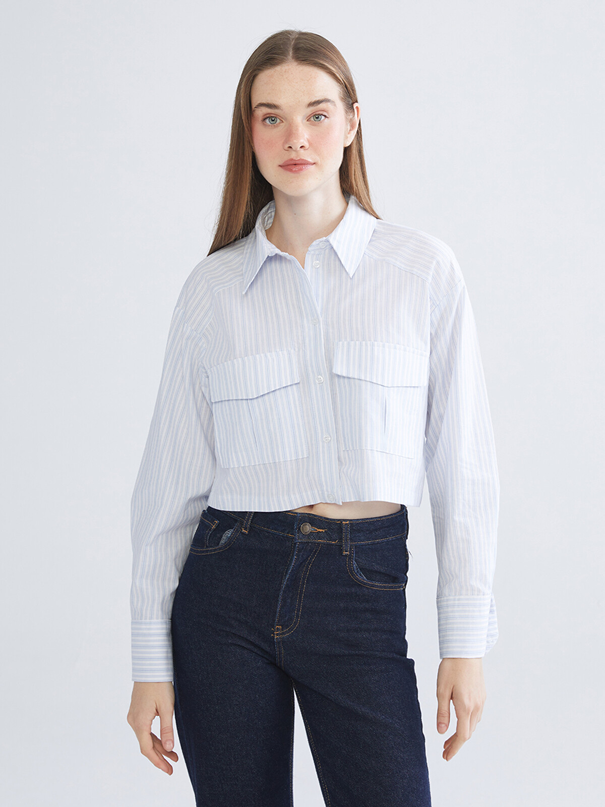 XSIDE Striped Crop Poplin Women's Shirt - W5BU03Z8-LEN | LC Waikiki