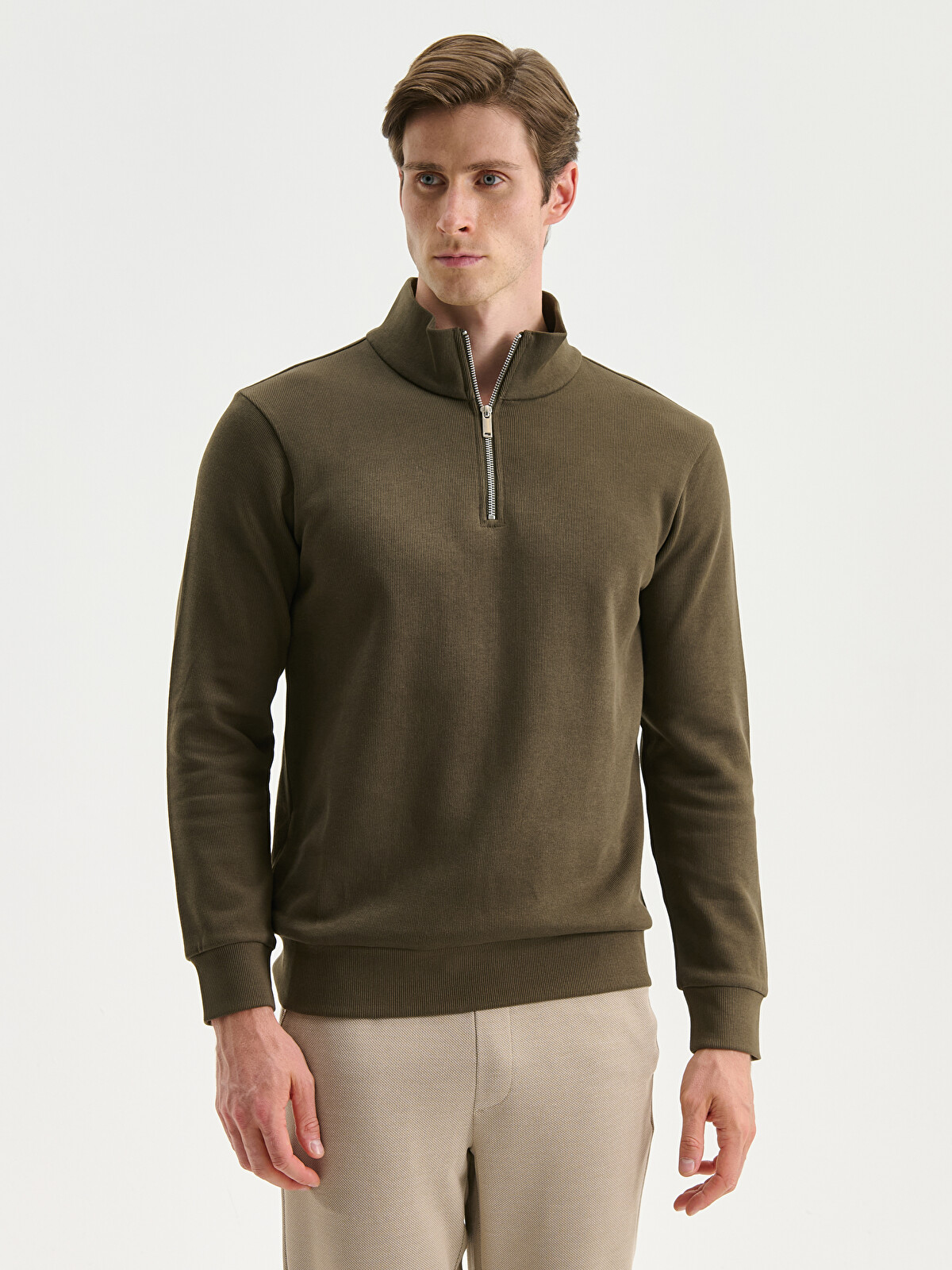 SOUTHBLUE Haki Fermuarlı Dik Yaka Uzun Kollu Erkek Sweatshirt