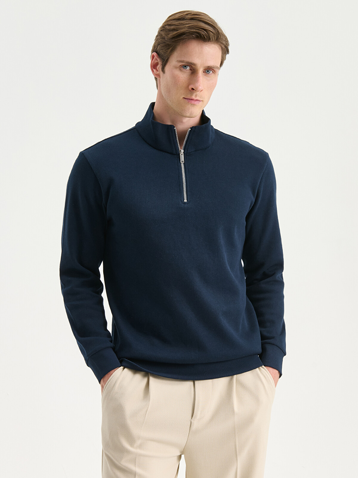 SOUTHBLUE Lacivert Fermuarlı Dik Yaka Uzun Kollu Erkek Sweatshirt