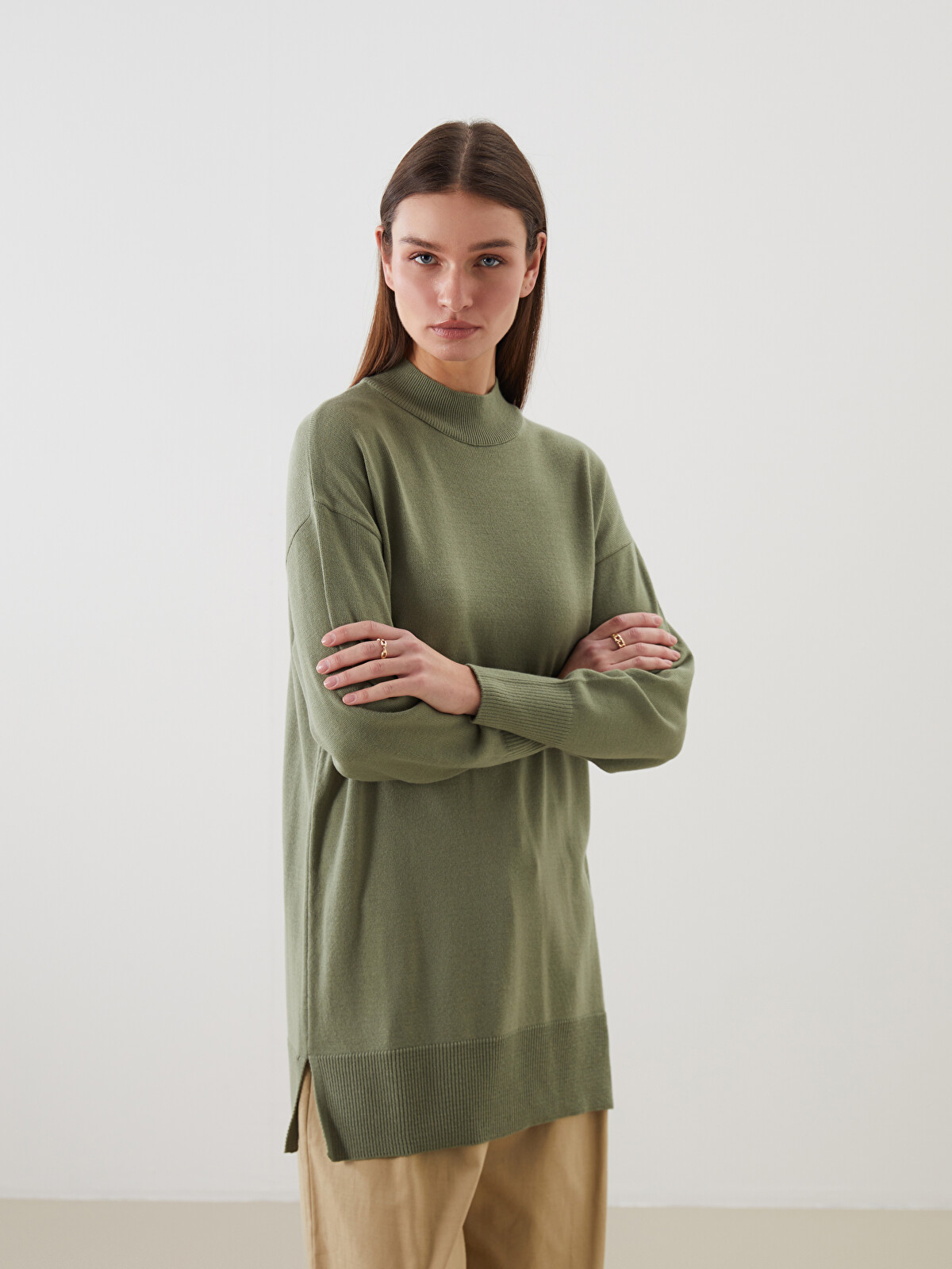 LCW Modest Yeşil Dik Yaka Kadın Triko Tunik - W5CV21Z8-LVB | LCW
