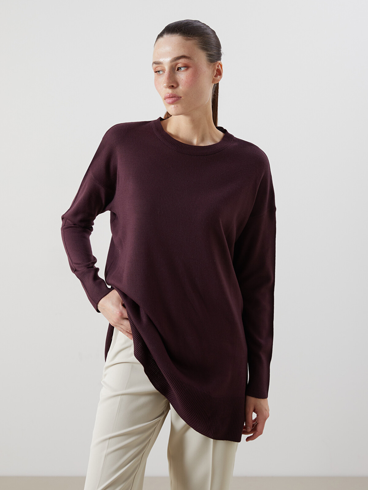 uakmd様 LCWAIKIKI Classic Mürdüm Bisiklet Yaka Kadın Triko Tunik