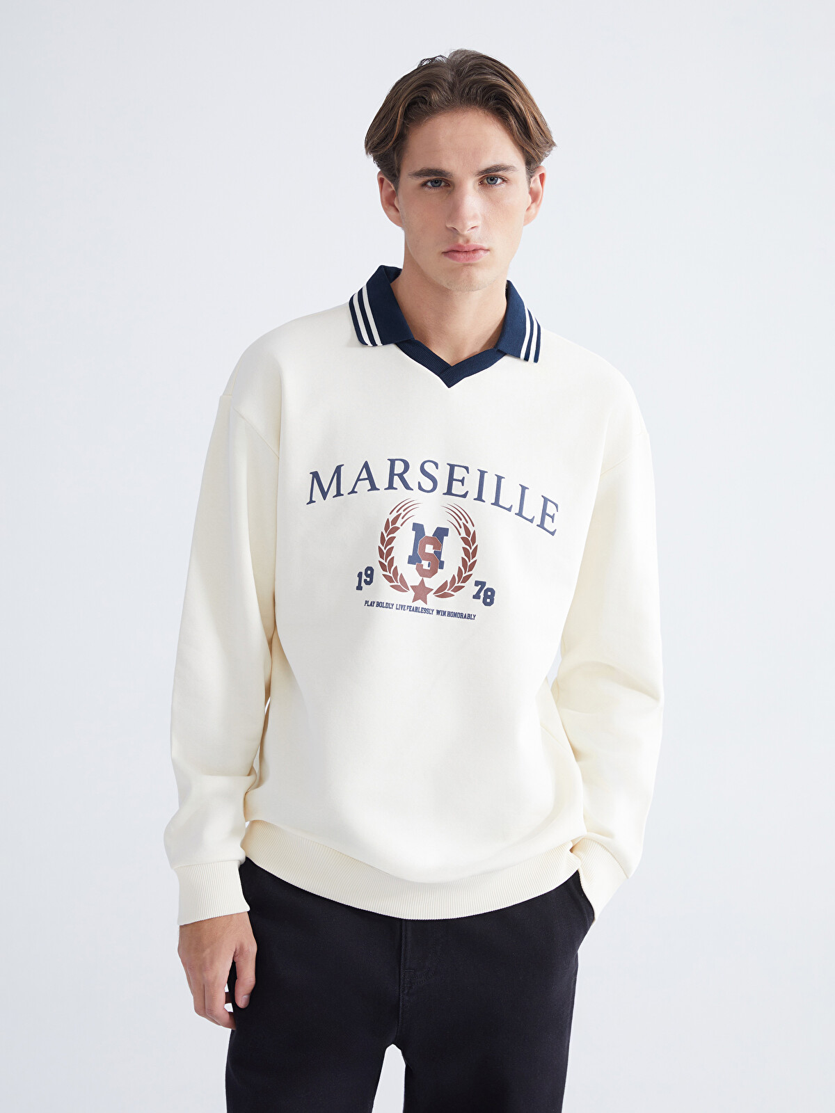 XSIDE Polo Yaka Baskılı Erkek Kalın Sweatshirt - W5DA76Z8-ZHN | LC