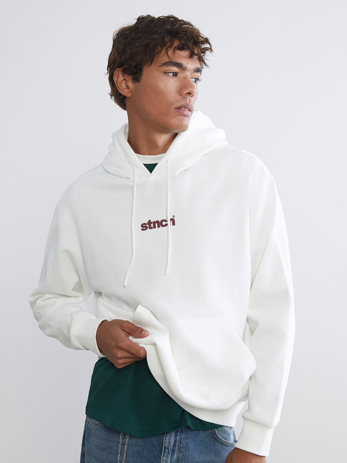 XSIDE Ekru Uzun Kollu Baskılı Erkek Kalın Hoodie - W5DB76Z8-R9J | LCW