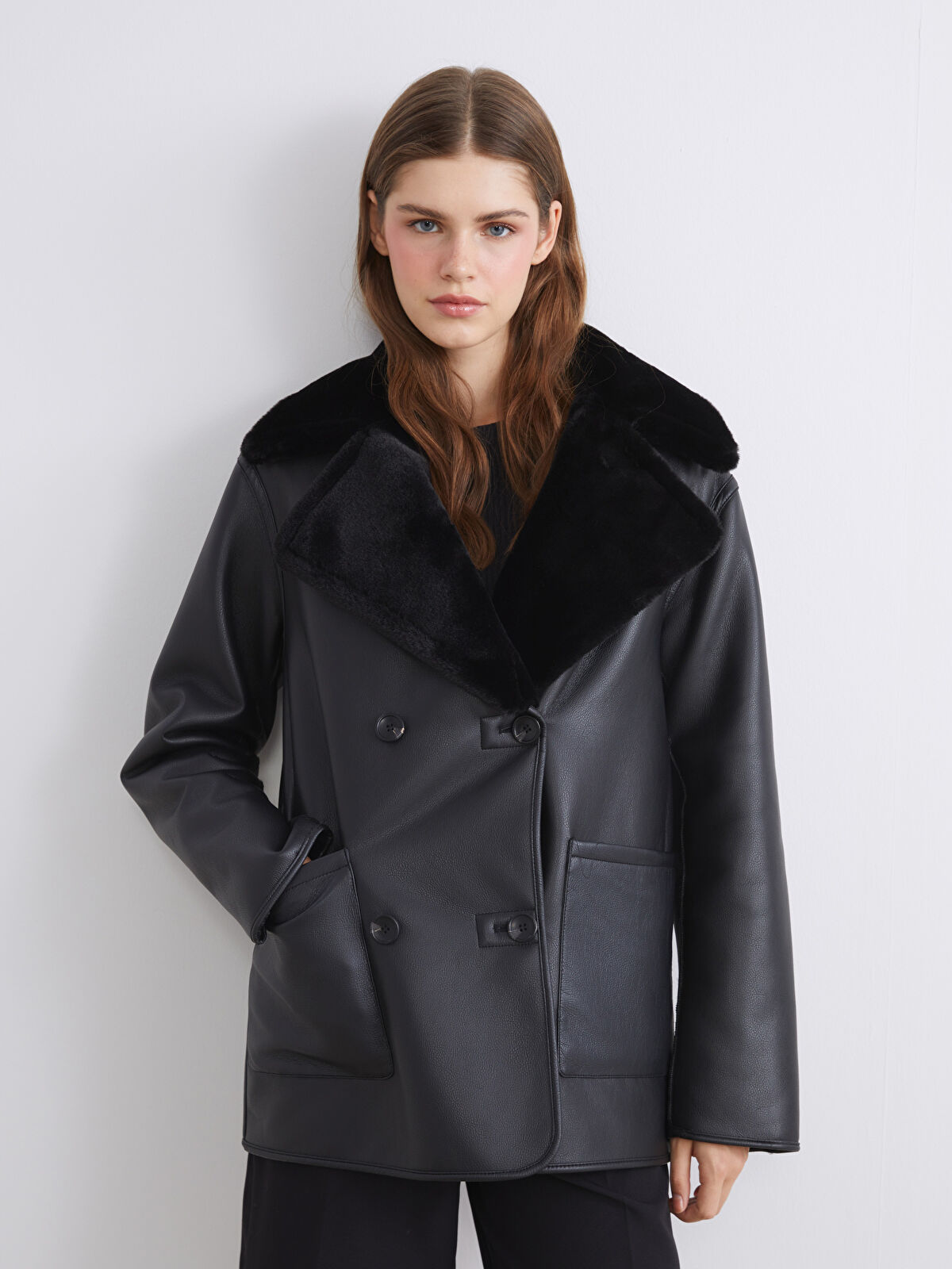 XSIDE Fur Collar Women's Faux Leather Coat - W5DP38Z8-CVL - LC Waikiki