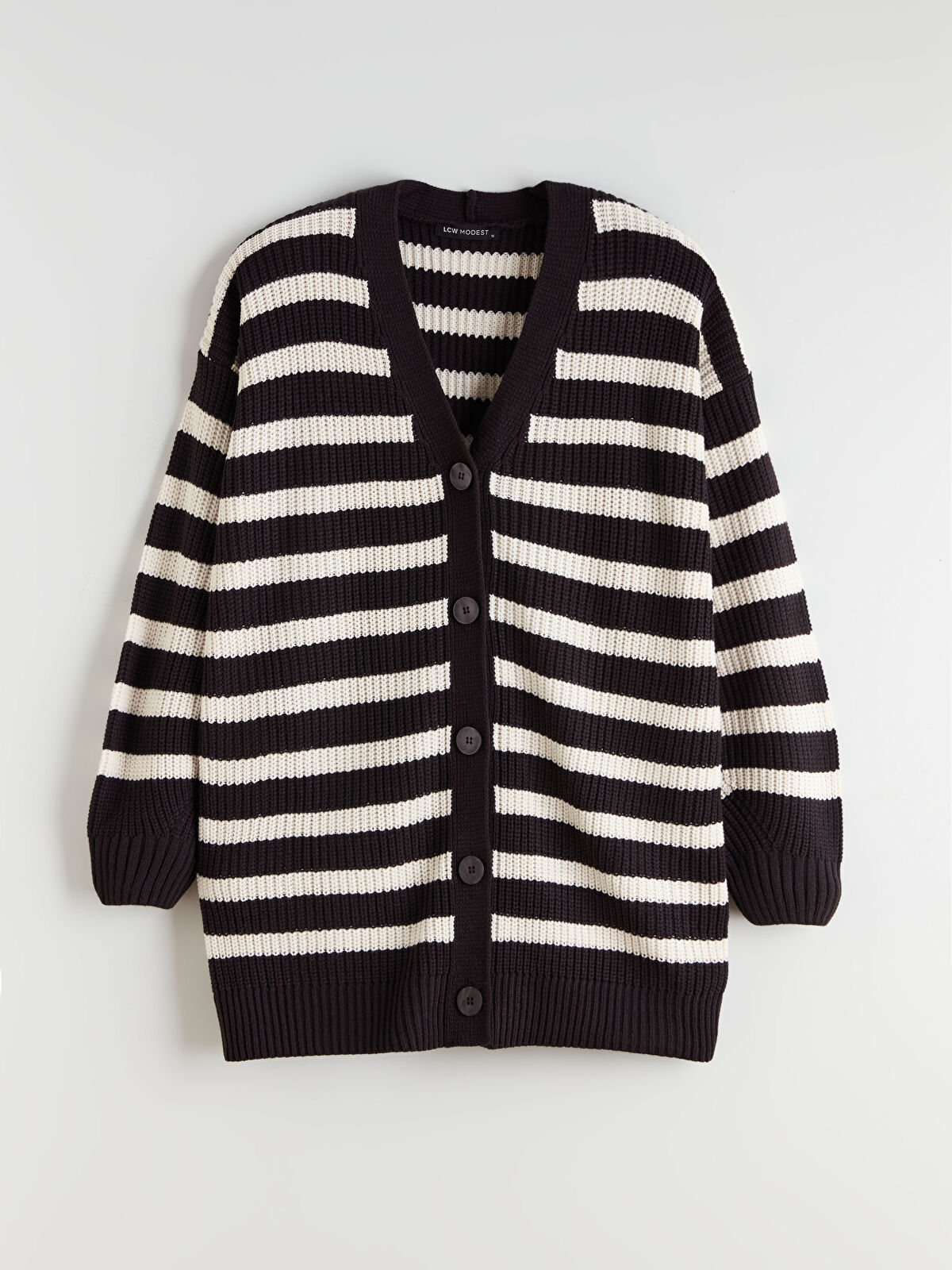 LCW Modest Kahverengi V Yaka Çizgili Kadın Triko Hırka - W5DS69Z8