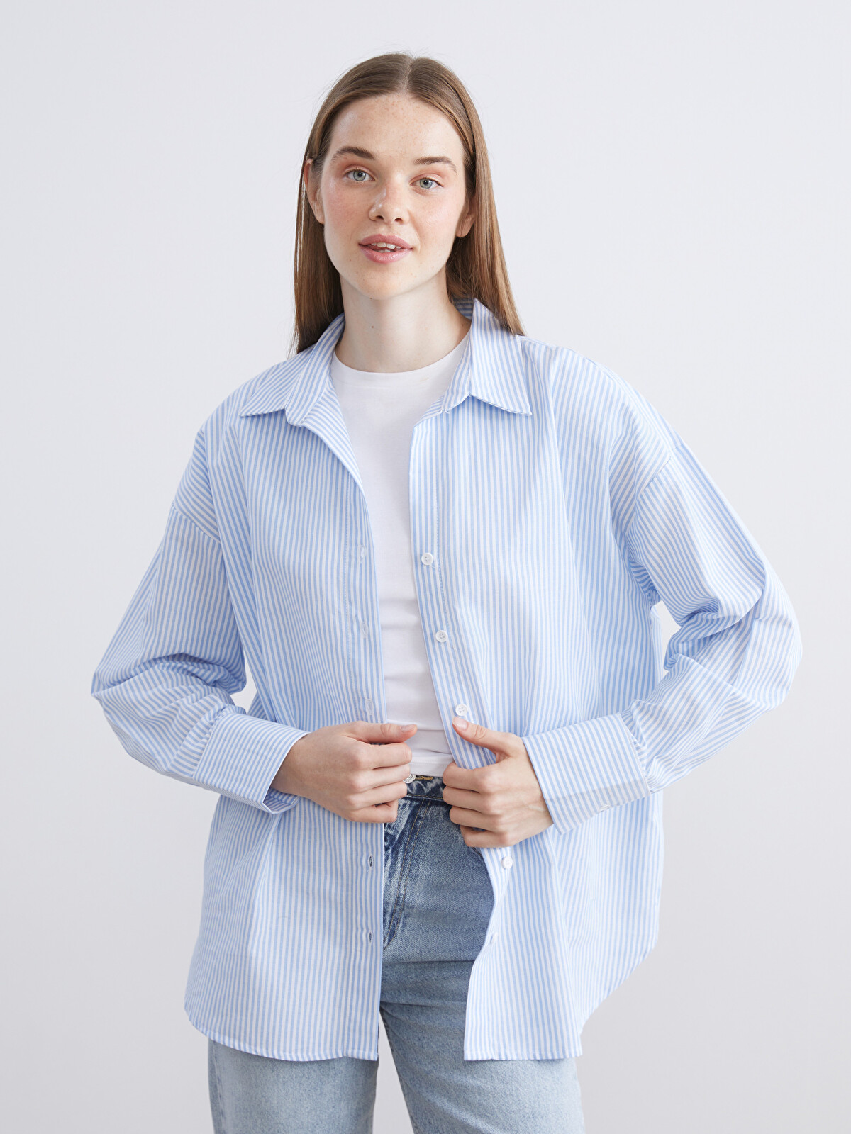 XSIDE Striped Oversize Women's Shirt - W5EB00Z8-LEH | LC Waikiki